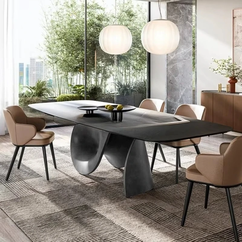 #Luxurious Large FRP Dining Table Marble Effect Top High End for Upscale Dining Areas Artistic Curved Base Dining Table