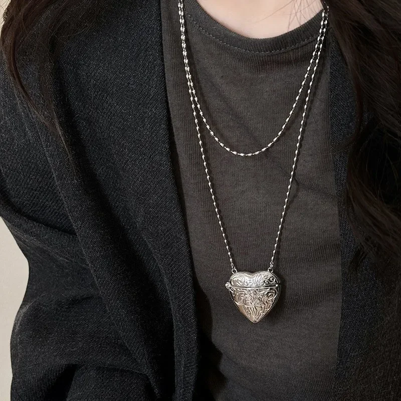 Romantic Silver Color Heart Carved Openable Pendant Charm Sweater Chain Necklace For Women Men Fashion Memorial Jewelry Gift