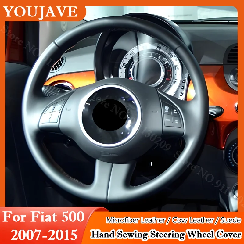 Housse de volant en simili cuir de vache, protection de volant, accessoires automobiles, pour Fiat 500 312/FF 2007-2015, couture manuelle DIY