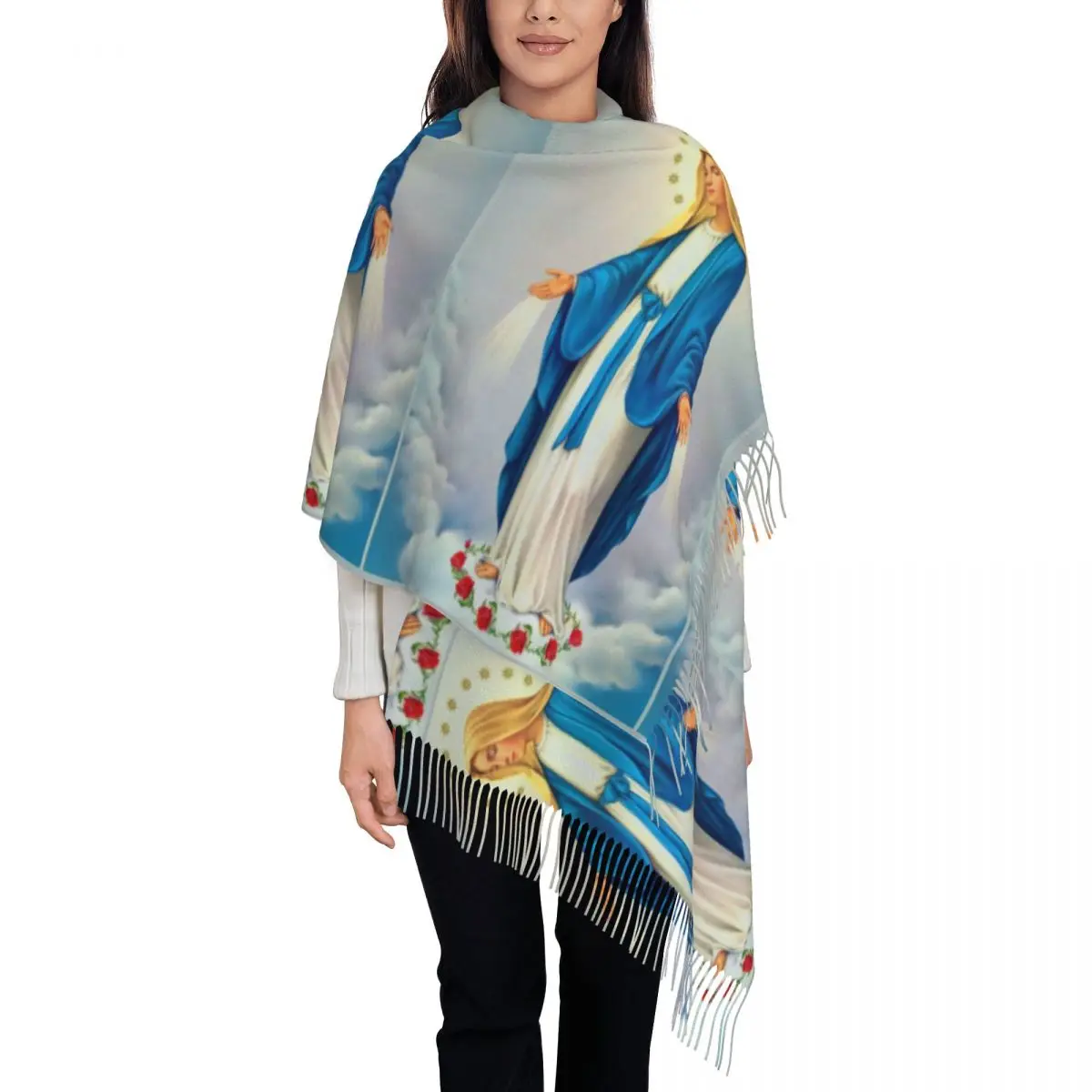 Virgin Mary Christian Catholic Shawls Wraps Women Winter Warm Long Soft Scarf Our Lady of Guadalupe Reversible Tassel Scarves