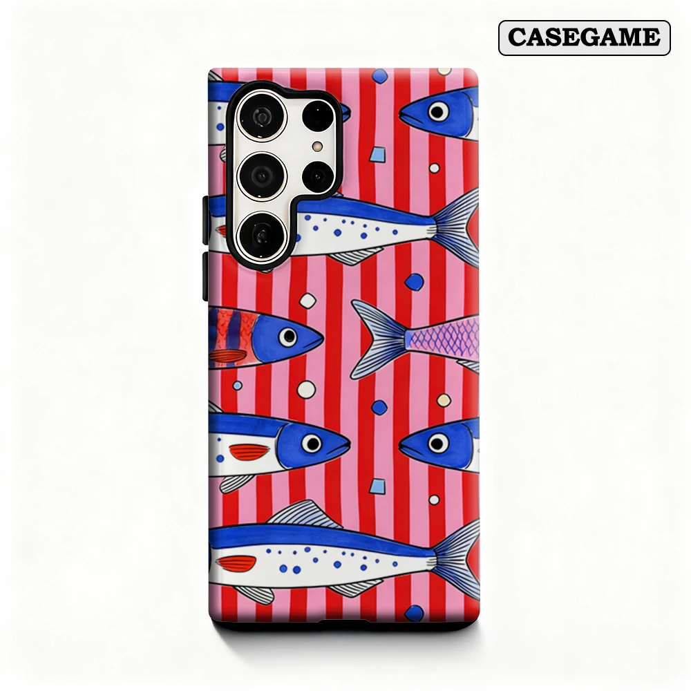Casegame Phone Case for Samsung Galaxy S26 S25 Ultra S24 S23 Plus Shockproof Double Layer Tough Back Red Stripe Fish Cover
