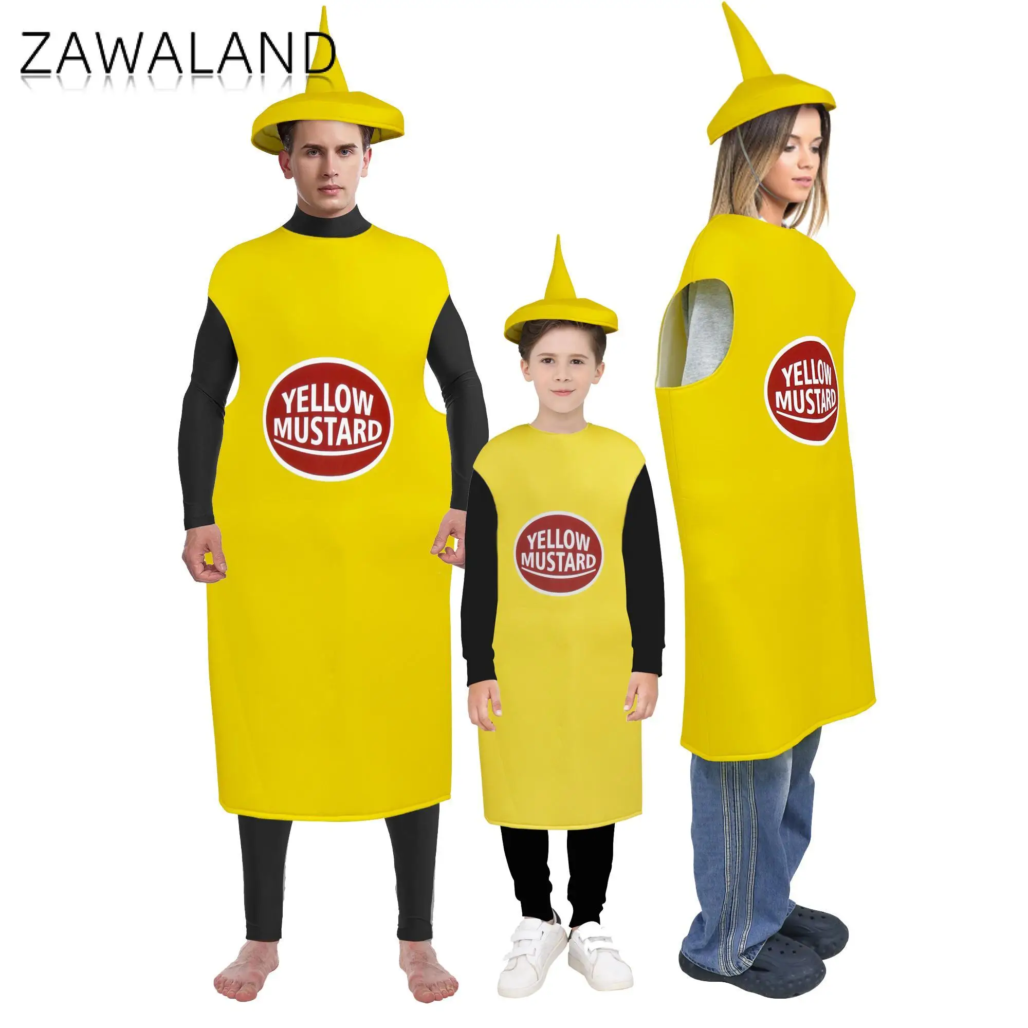 Zawaland Yellow Mustard Halloween Costume Family Matching Suit Adult Boy Girl Funny Disguise Wear Sponges Jumpsuit Party Clothes