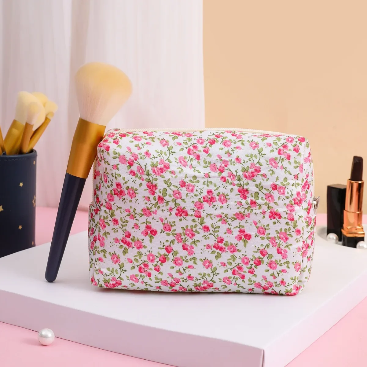 Ins New Floral Octagonal Makeup Bag Women Cosmetic Bag Portable Travel Organizer Wash Bag Female Makeup Pouch Zipper Coin Purse