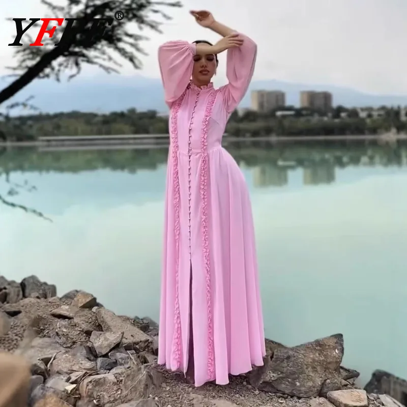 

YFPF женское платье, модные лоскутные платья с оборками, однотонные длинные платья трапециевидной формы на пуговицах со шнуровкой на талии, новинка 2023 года