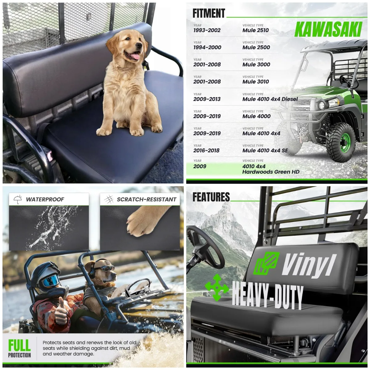 

Front Bench Seat Cover Compatible with 1993-2019 Kawasaki Mule 2500 2510 3000 3010 4000 4010 Vinyl Heavy Duty