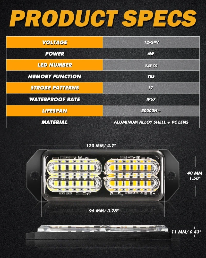 4Pcs Front Bumper Grille 24 LED Grille Strobe Lights 12-24V 17 Flashing Mode Emergency Warning Light Amber/White/Blue/Red Lights