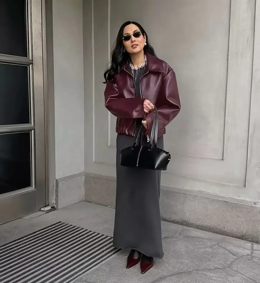 HH Women Fashion Burgundy Faux Leather Jackets Casual Lapel Long Sleeves Coat Zipper Autumn Female High Street Outerwear