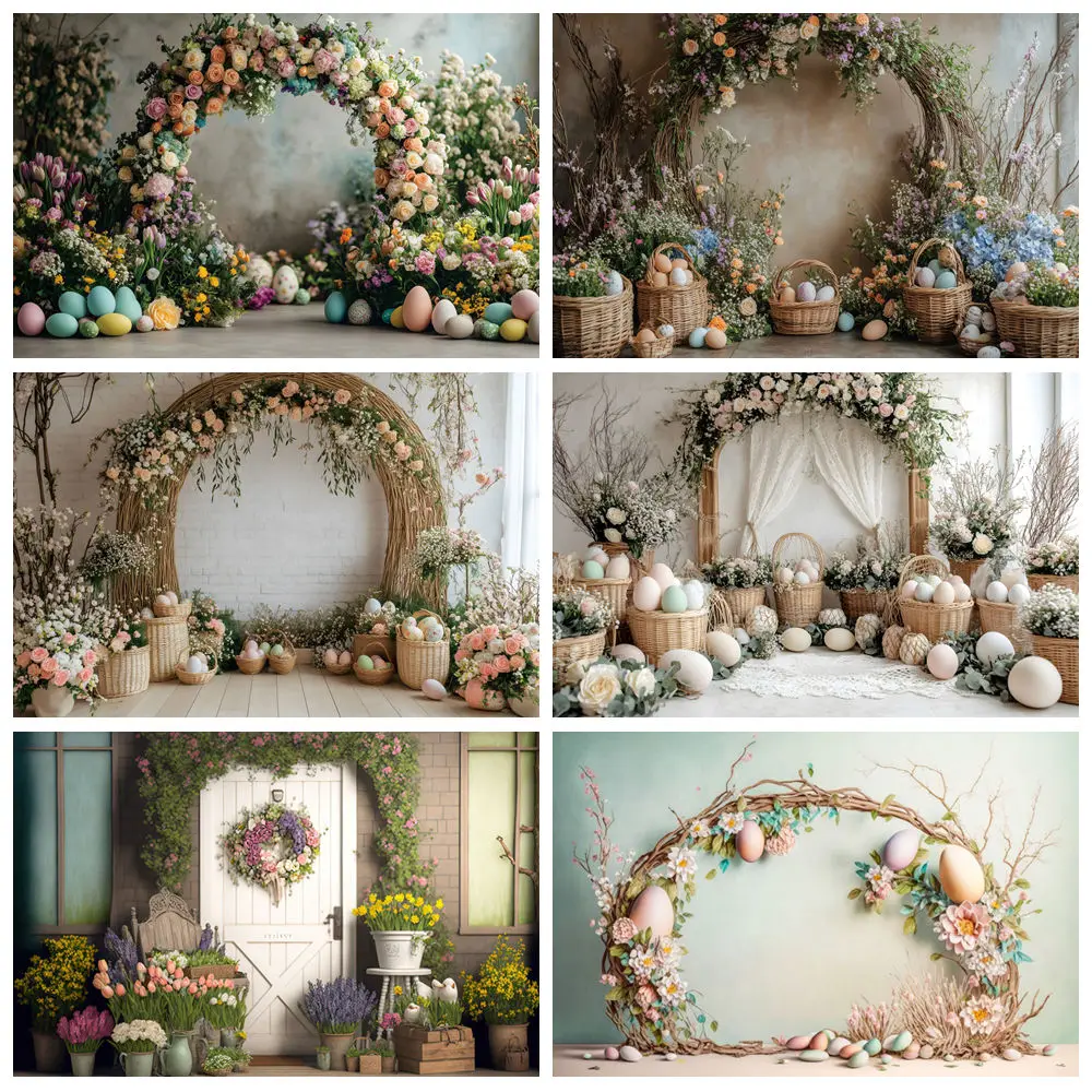 

Spring Easter Photography Backdrops Flowers Plant Arch Vine Wall Green Grass Eggs Kids Birthday Portrait Decor Photo Background