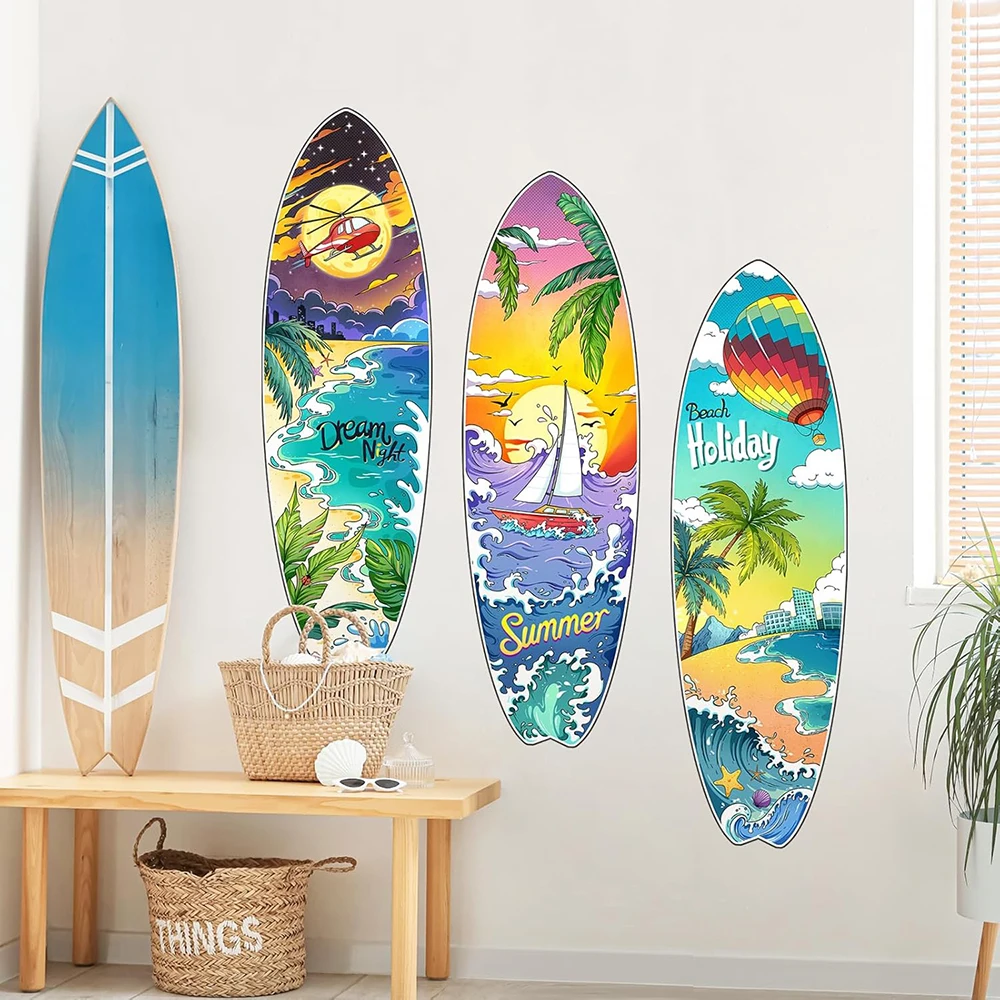 3 Sets Surfboard Summer Beach Holiday Wall Stickers Bedroom Travel Adventure Time Wall Decals Living Room Bedroom Office Sofa