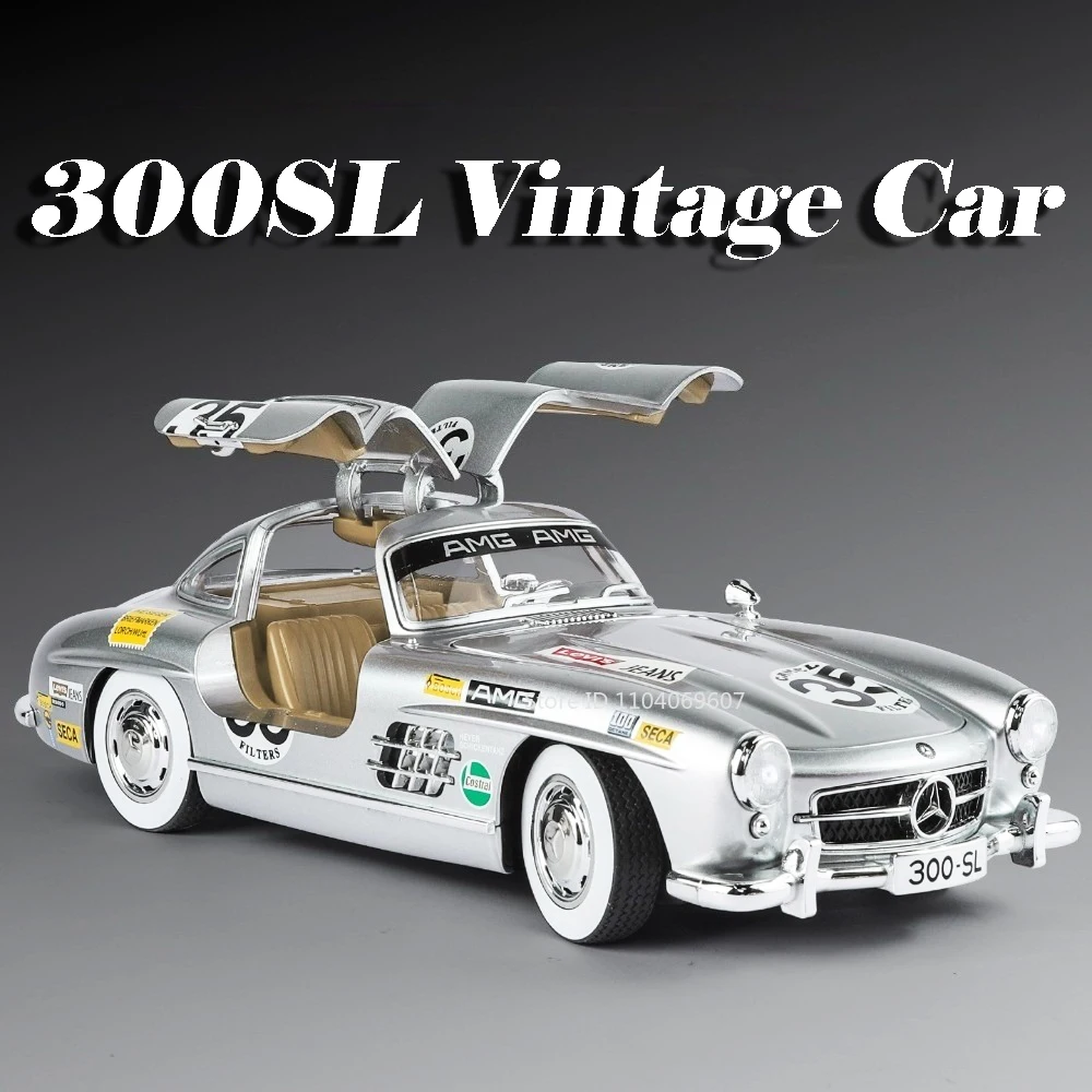 1:18 300sl modelo de brinquedo em miniatura carros vintage liga diecast som luz portas abertas absorção choque para crianças presentes natal