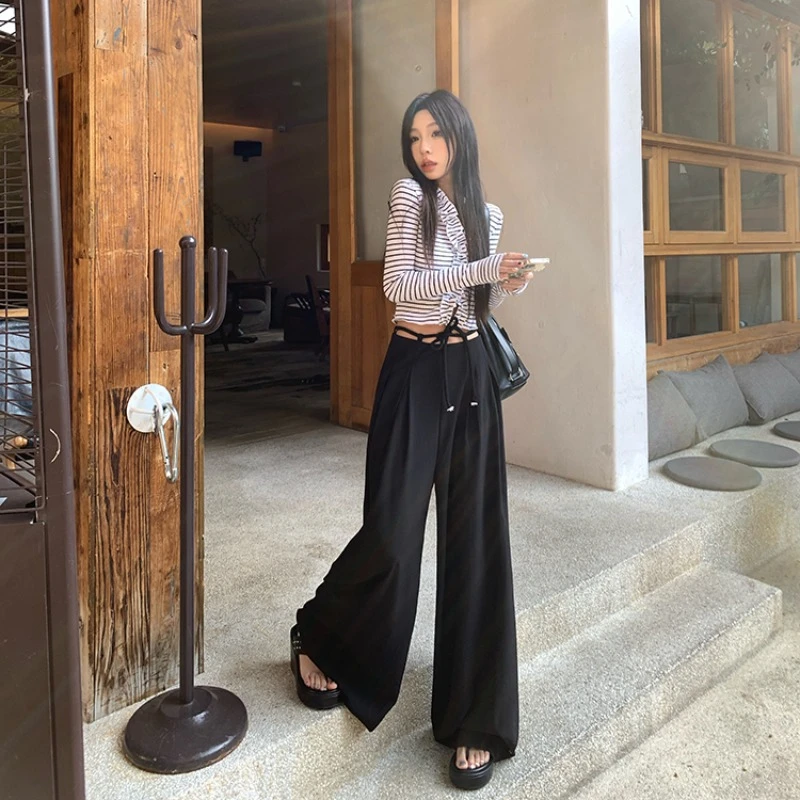 2024 Loose Drawstring Suit Pants Women Casual Wide Leg High Waist Full Length Solid Color Office Lady Versatile Trousers Female