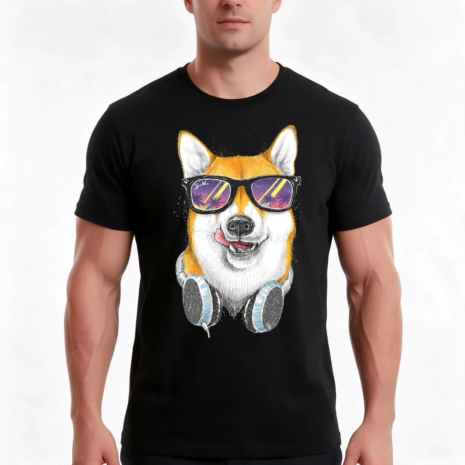 Siba inu in glasses T-Shirt, Summer Casual Cotton Tee, Oversized Streetwear Tops, Vintage Graphic Print, Loose Fit Short Sleeve