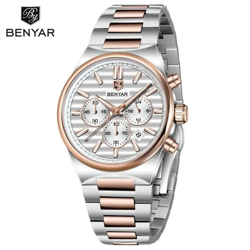 2026 New BENYAR BY-5214 Men's Light Luxury Quartz Chronograph Wristwatch, Stainless Steel, 30M Water Resistant