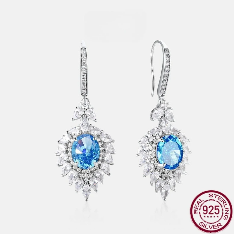 

New S925 sterling silver high carbon diamond fashionable 12.1ct egg shaped 80 * 10 ice flower cut earrings wedding jewelry