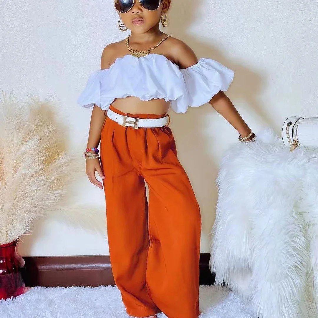 

New 2024 Summer Girls Clothes Sets Strapless Pleated Puff Sleeve Crop Tops + Pants Children's Casual Clothing For 2-7 Years