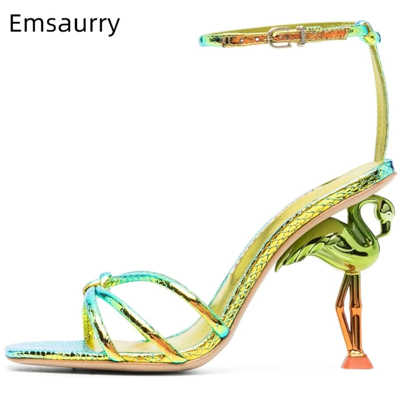 Unique Strange Flamingo Heel Modern Sandals Women Sexy Narrow Band Strap Gradient Color Summer Shoes For Girls