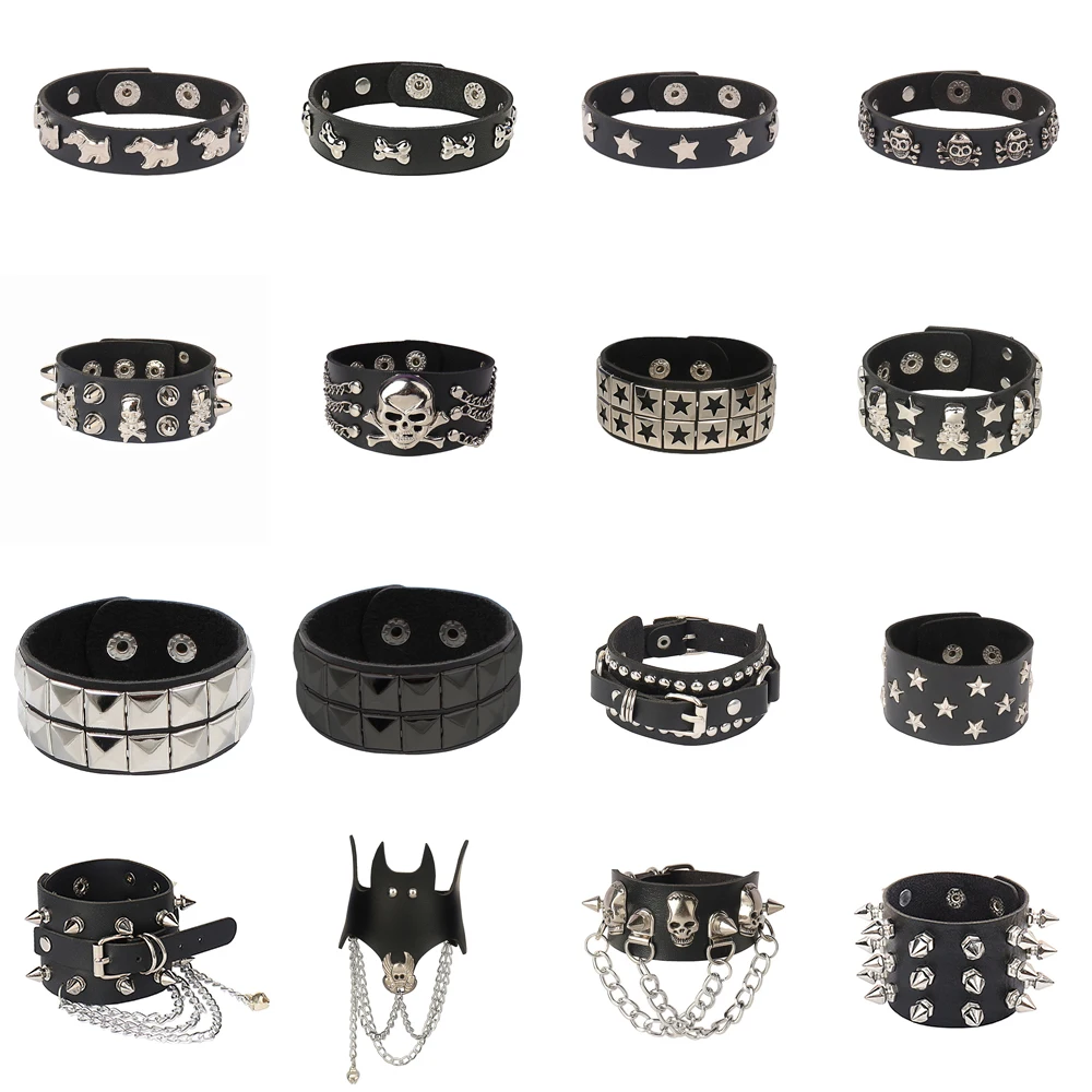 Neues Gothic PU-Lederarmband Punk Star Bone Skull Armband Verstellbares Goth Manschettenarmband Nieten Schnalle Armband für Männer Frauen