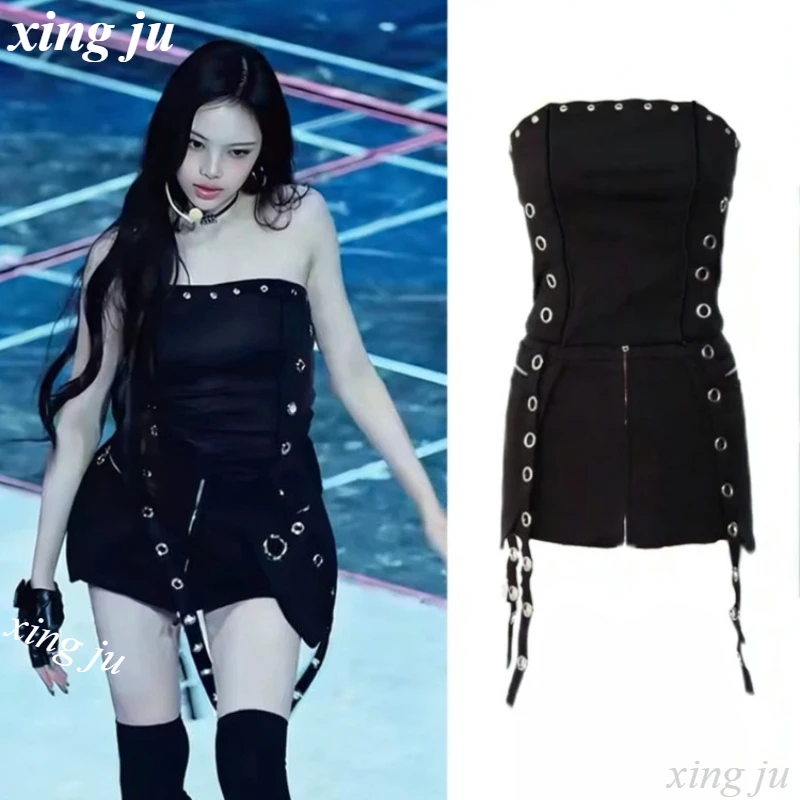 

Xing Ju Kpop Women Jazz Dance Costume Sexy Rivet Strapless Vest Crop Tops Black Tight Skirt Korean Singer Stage Performance Wear
