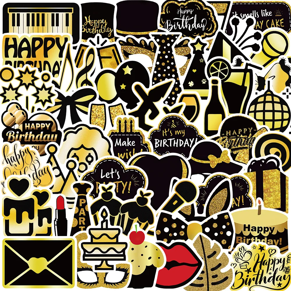 50pcs Black Gold Birthday Party Stickers For Diary Scrapbook Wall