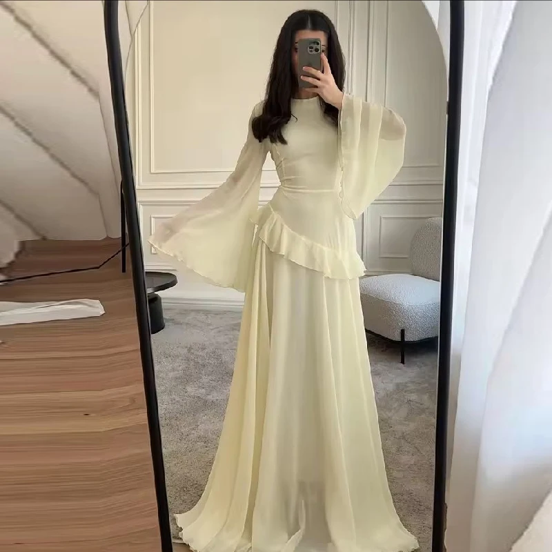 

Elegant Floor-Length Wedding Party Formal Gowns O-Neck Customized Long Sleeve Evening Dresses Zip Chiffon Prom Dress 2025