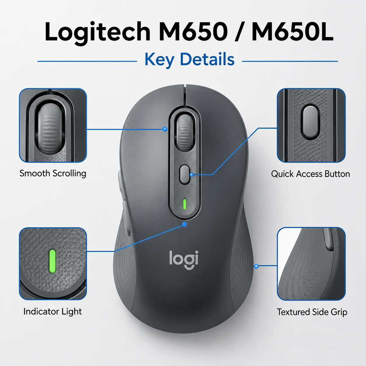 Logitech M650L Signature Large Bluetooth Mouse Silent Click Ergonomic Wireless USB Multi-Device for PC Laptop Mac