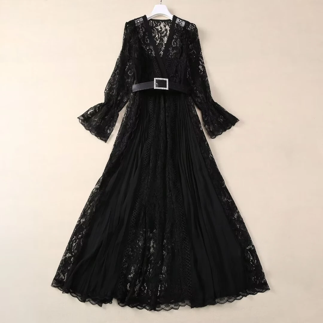 ZJYT Chiffon Patchwork Lace Long Dresses Vestidos Para Mujer Elegant Flare Sleeve Belt Party Dresses Blue Black Pink Summer Robe