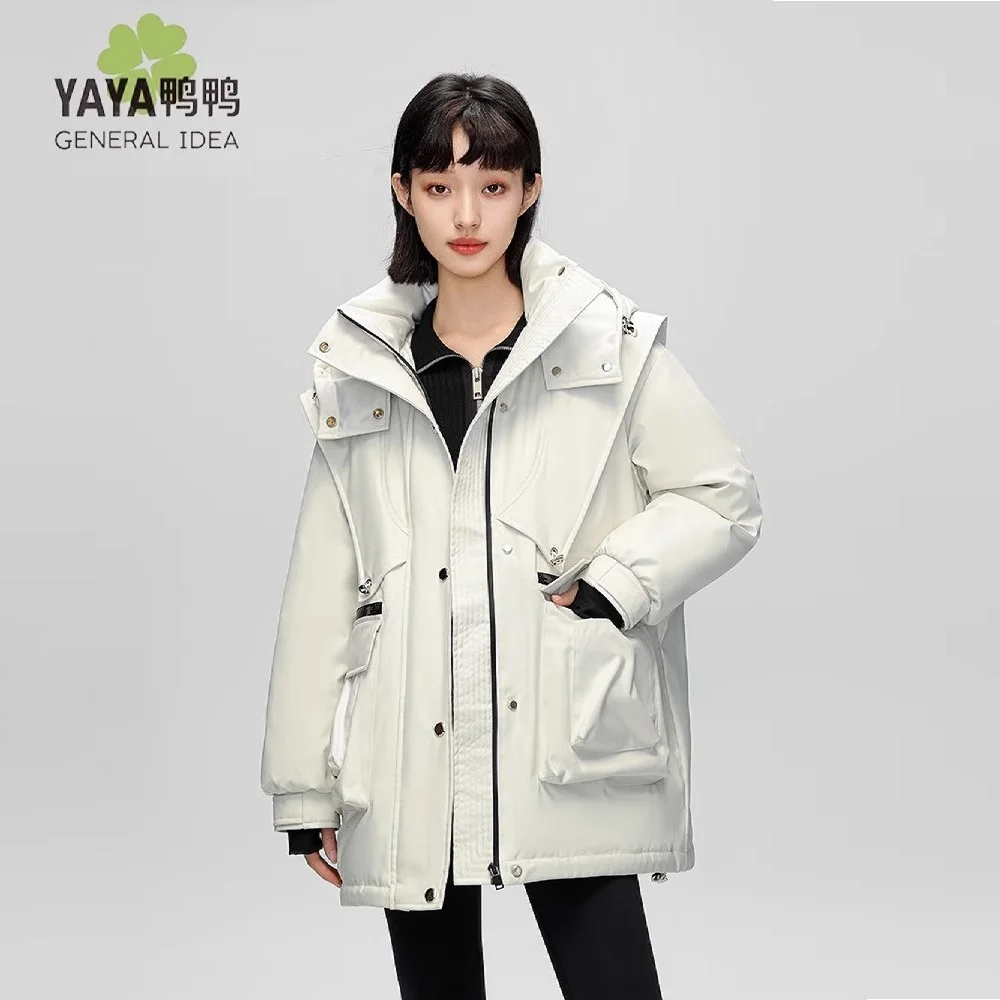 YAYA 2024 Winter Women 90% Duck Down Puffer Jacket Mid-long Wind Break Thick Rain-Proof Snow Overcoat undetachable Cap Parka