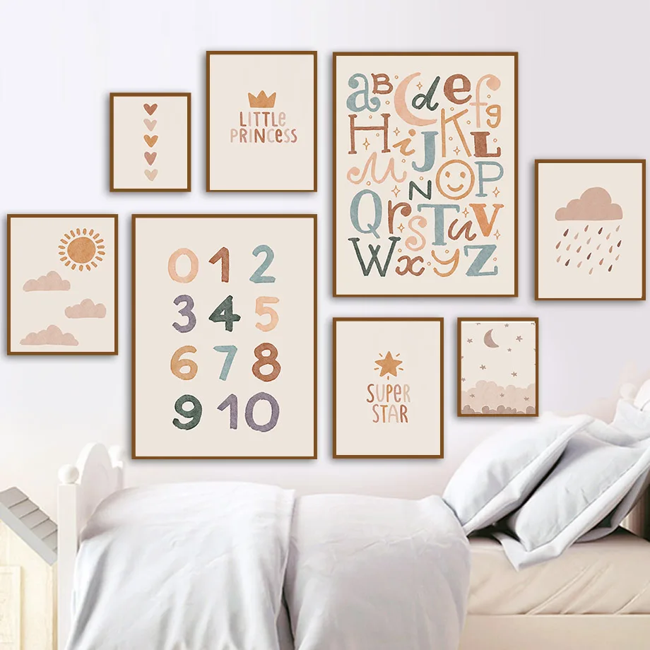 

Nordic Nursery Wall Art Canvas - Numbers ABC with Sun Moon Clouds Stars Design for Baby Kids Room Decor Posters And Prints