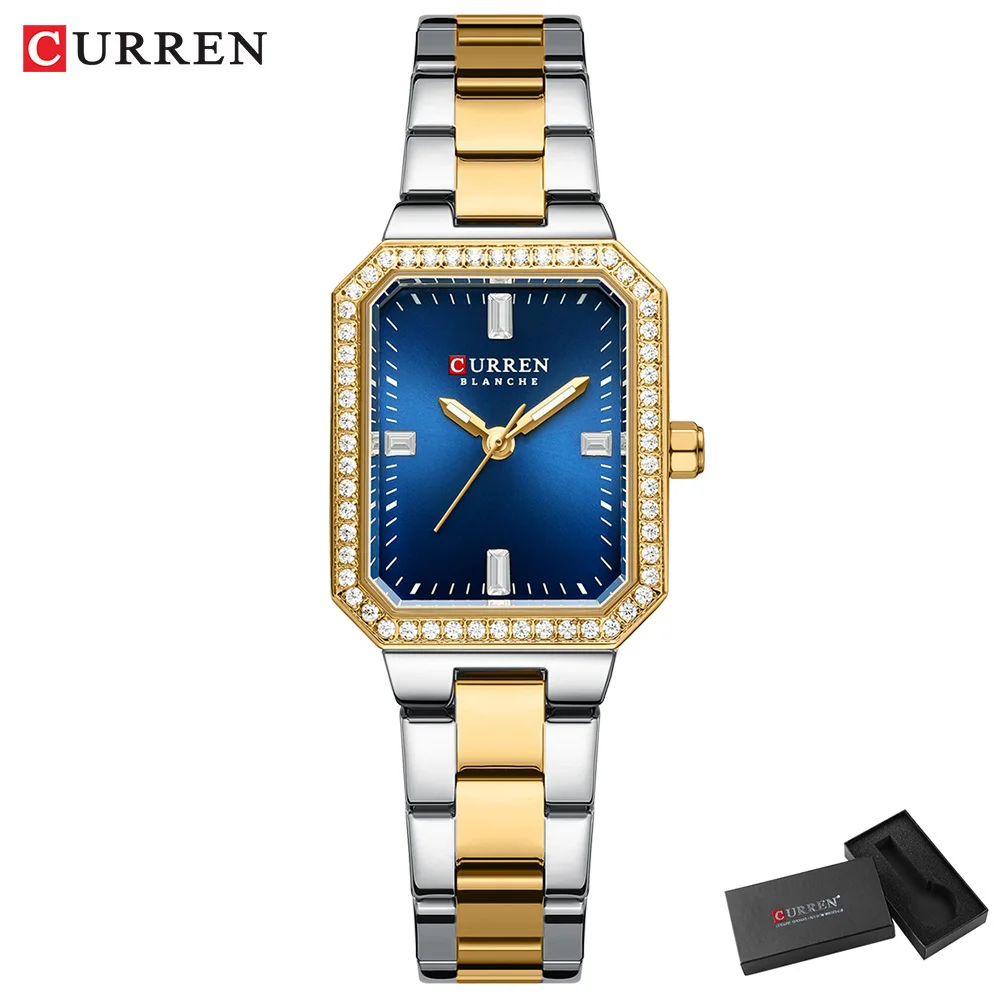 CURREN Luxusmarkenuhren für Damen, schlichtes rechteckiges Zifferblatt mit funkelnden Strasssteinen, lässige Quarz-Armbanduhr mit Leuchtfunktion 9