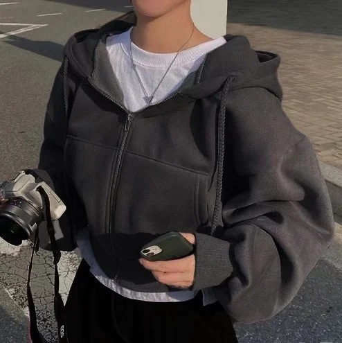 女性の冬用パーカー スウェットシャツ ジップアップ ジャケット 長袖 ショートスタイル 通勤 ファッション 無地 三酸化繊維衣類