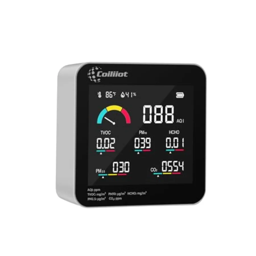 

Air Quality Monitor Indoor CO2 Detector VOC Meter and AQI Tester Tracks TVOC HCHO PM2.5 and PM10 with Temperature and Humidity