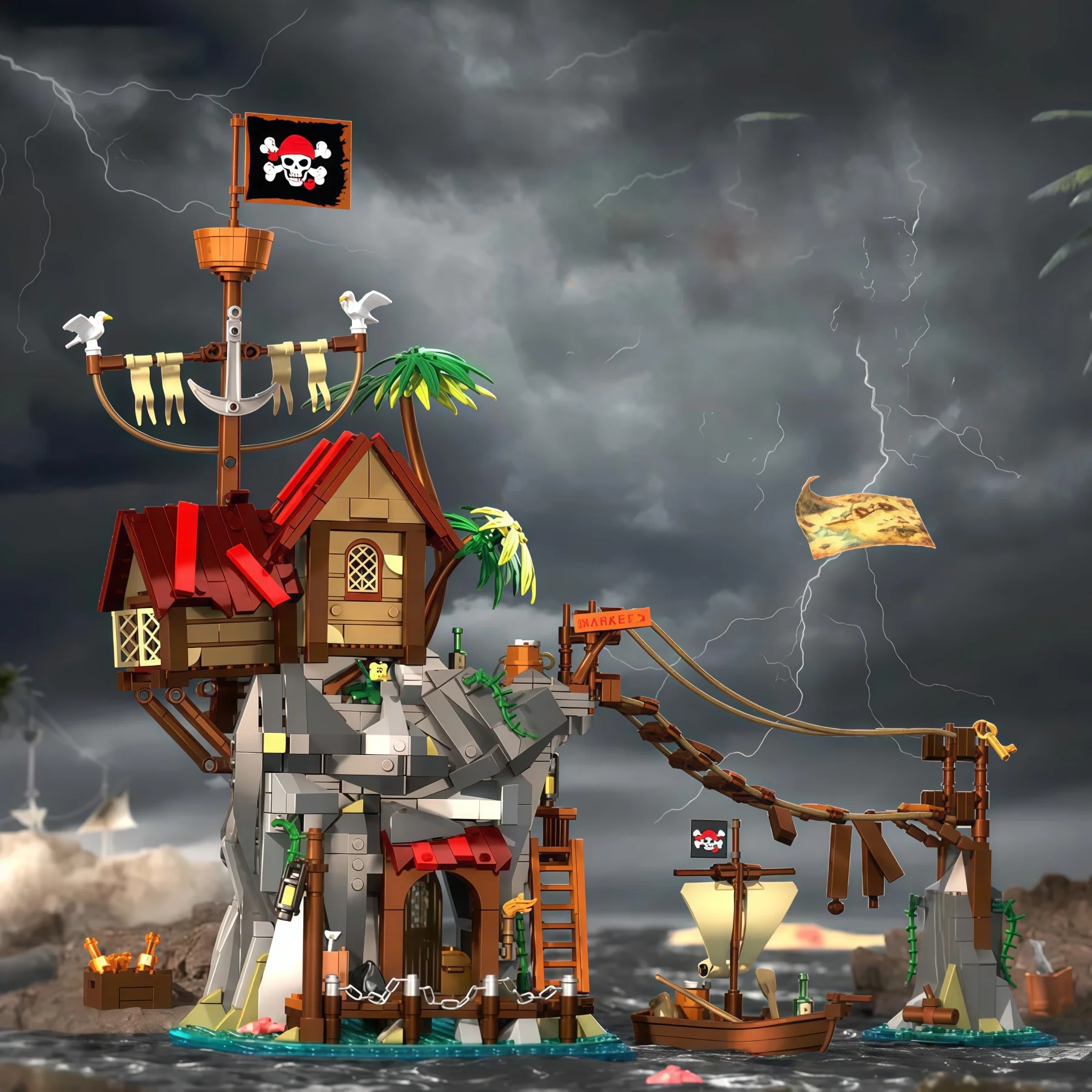 

Набор деревянных строительных блоков «Пиратский остров», модель архитектурной сцены с мостом и пиратским кораблем, конструктор для самостоятельной сборки для взрослых