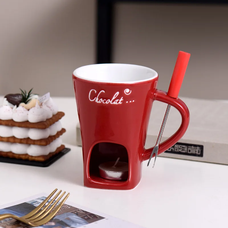 Taza para derretir Chocolate, tazas de cerámica para Fondue con tenedor, taza de café, ollas de cocina de Chocolate para postre, queso, mantequilla, regalos