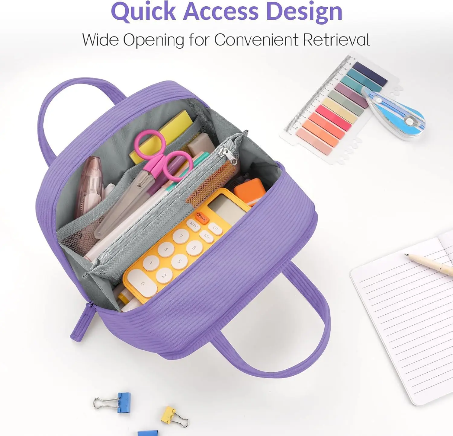 Extra Large Pencil Case with 5 Compartments, Wide Opening, Soft Corduroy, Cute Aesthetic School Supplies for Teen Girls - Purple - View 4