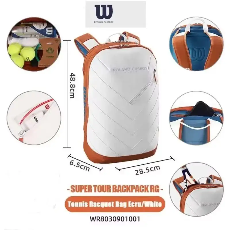 Wilson 2024 Roland Garros Super Tour Tennis Racket Backpack Holds 2 Tennis Rackets Large Capacity Sports Bag For Women Men