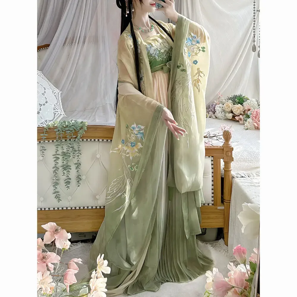 بدلة نسائية على الطراز الصيني التقليدي ، تطريز وردي ، قميص بأكمام كبيرة ، طيات الصيف ، أداء يومي ، جديد ،