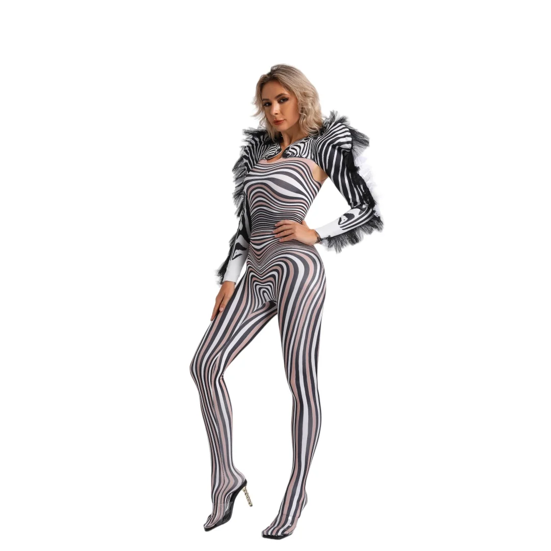 

Print Zebra Pattern Women Stretch Nightclub Dancer Singer Stage Pcs Set Jumpsuits 2026 New