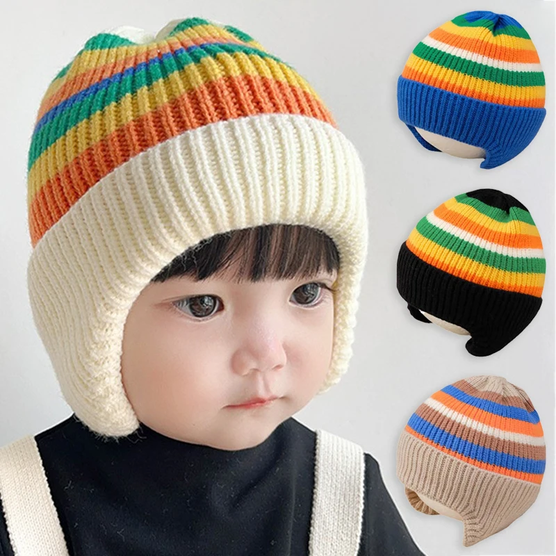 Ear Protection Hats for 1-4 Years Baby Kids Rainbow Knitted Woolen Earmuff Cap Children Winter Thickened Warm Beanies Bunny Hat