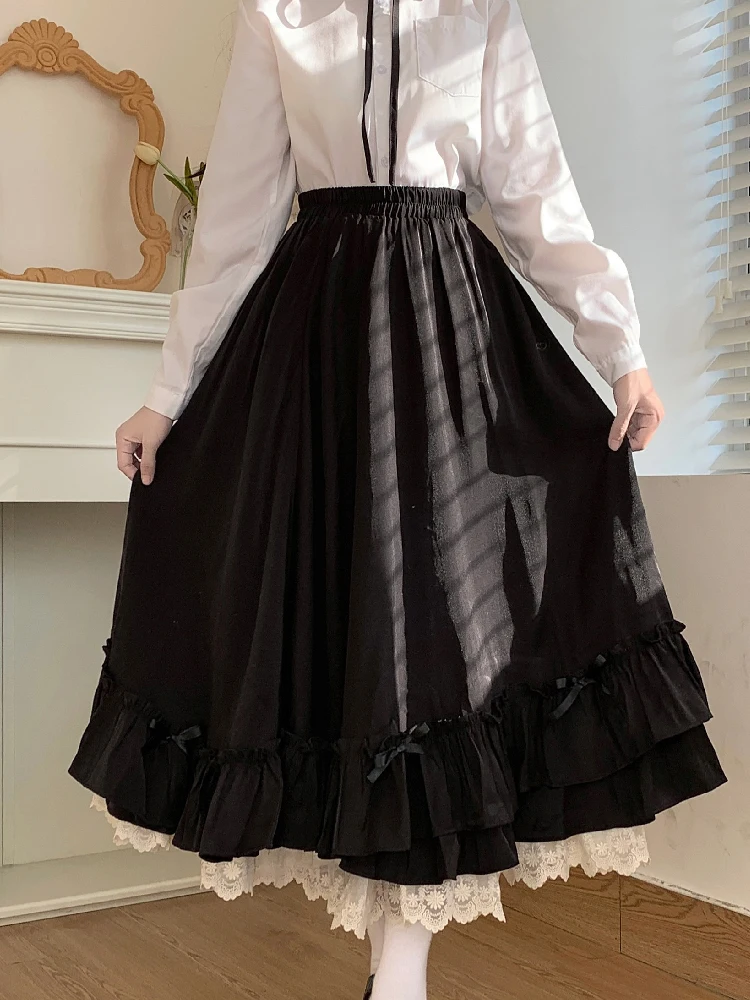 Japanese Sweet Lolita Style Black White Double-Deck Skirt Women\'S Summer High Waist Velvet Cute Kawaii Ruffles Midi Skirt Female