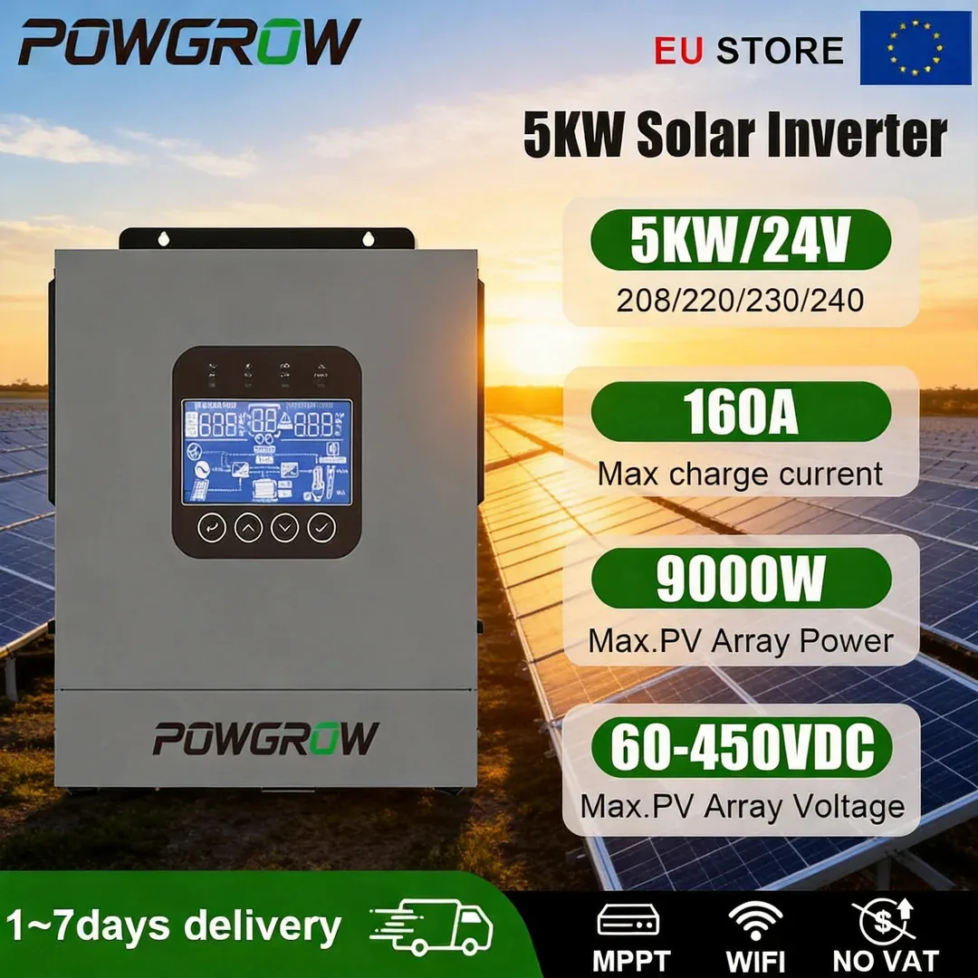 POWGRWOW 5KW 24V Hybride Solar Inverter 220V MPPT 160A Ingebouwde WIFI Inverter Enkelvoudige Uitgang Off Grid voor Zonnepanelen Huishoudelijke Apparaten