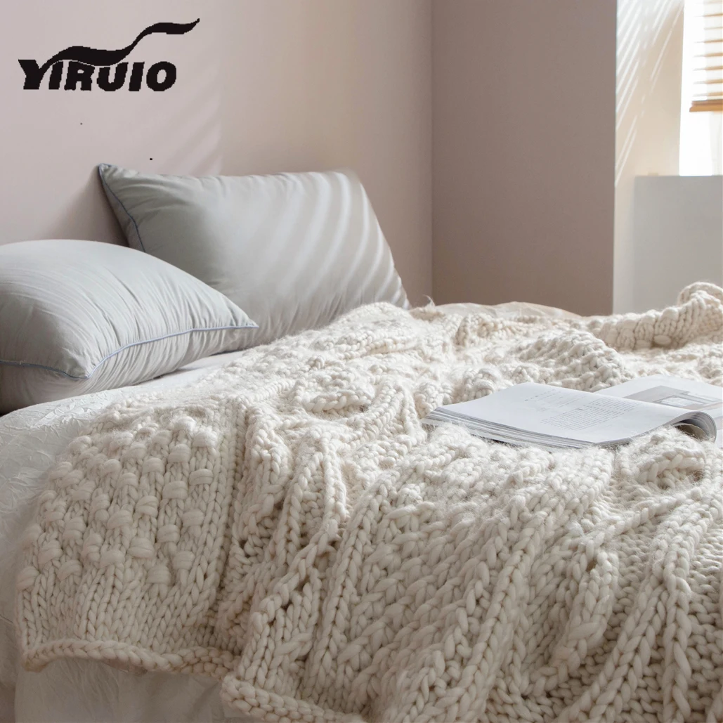 

YIRUIO Classic Crochet Texture Wool Blanket Soft Fluffy Warm Sofa Bed Chair Plaid Blanket Creative Pattern Design Throw Blankets