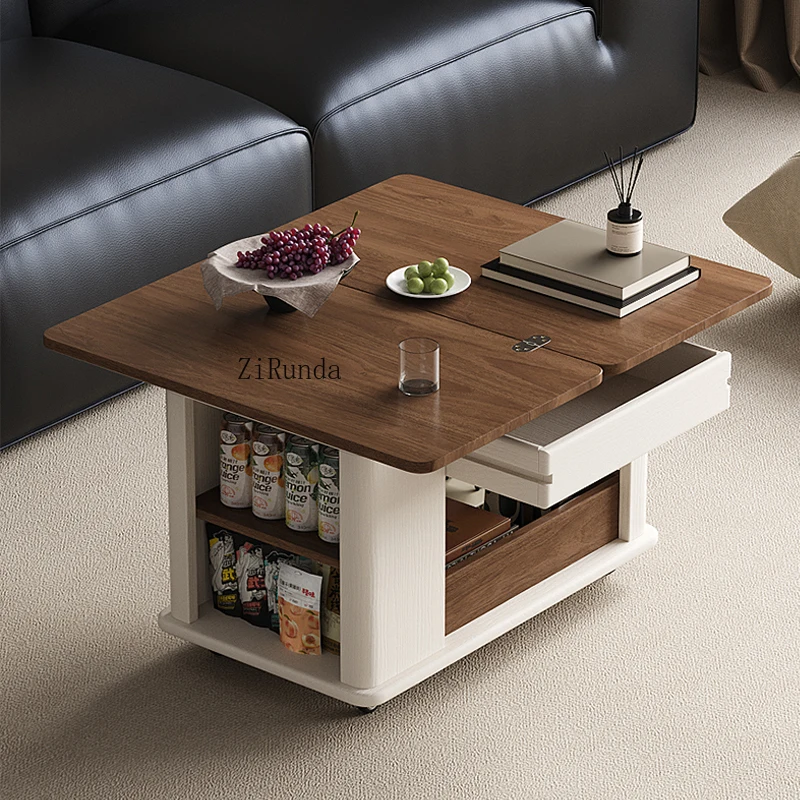 거실 레트로 접이식 커피 테이블, 수납 공간이 있는 사각형 나무 커피 테이블