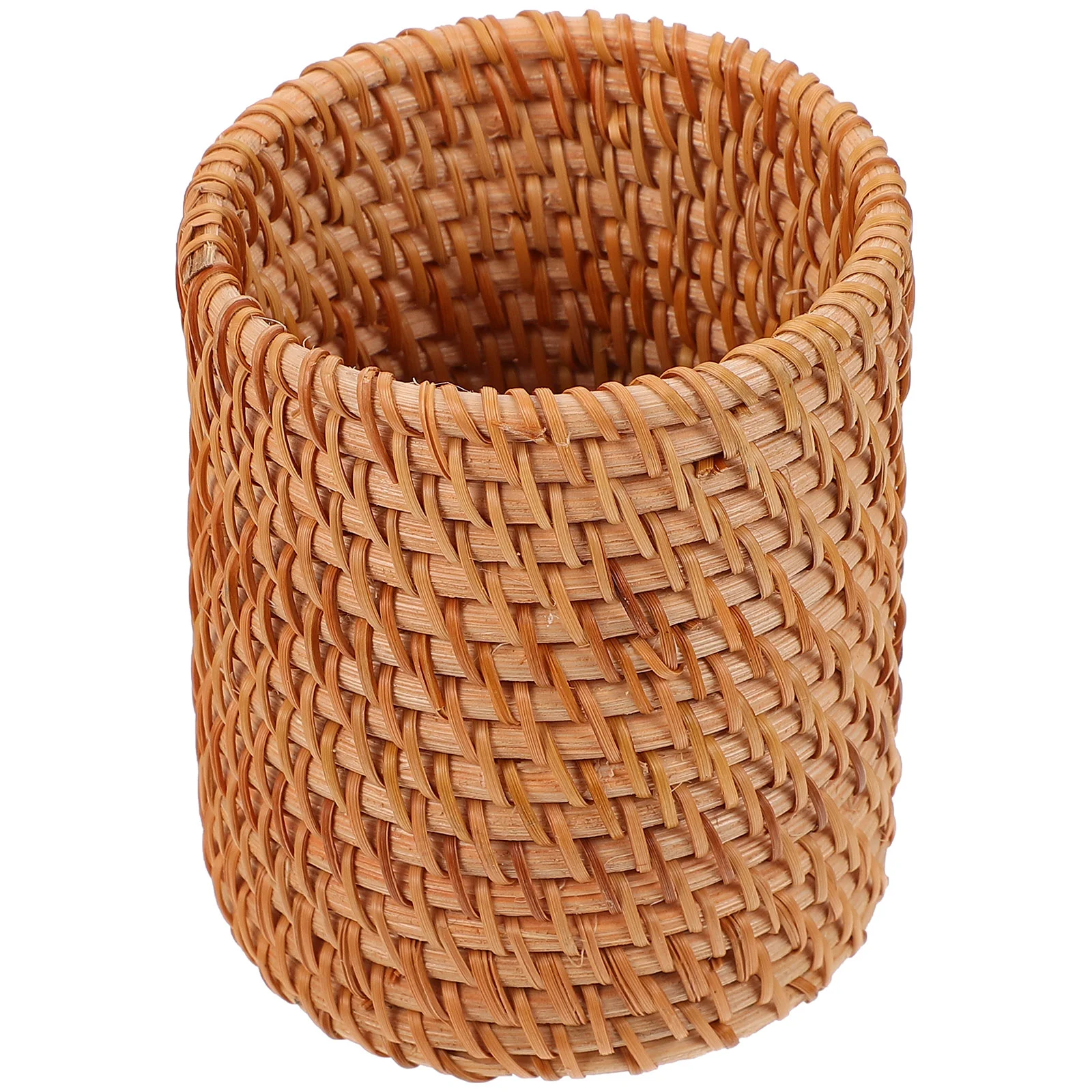 

Rattan Storage Tube Office Organizer Woven Basket Tableware Pen Holder Container Sundries Wooden