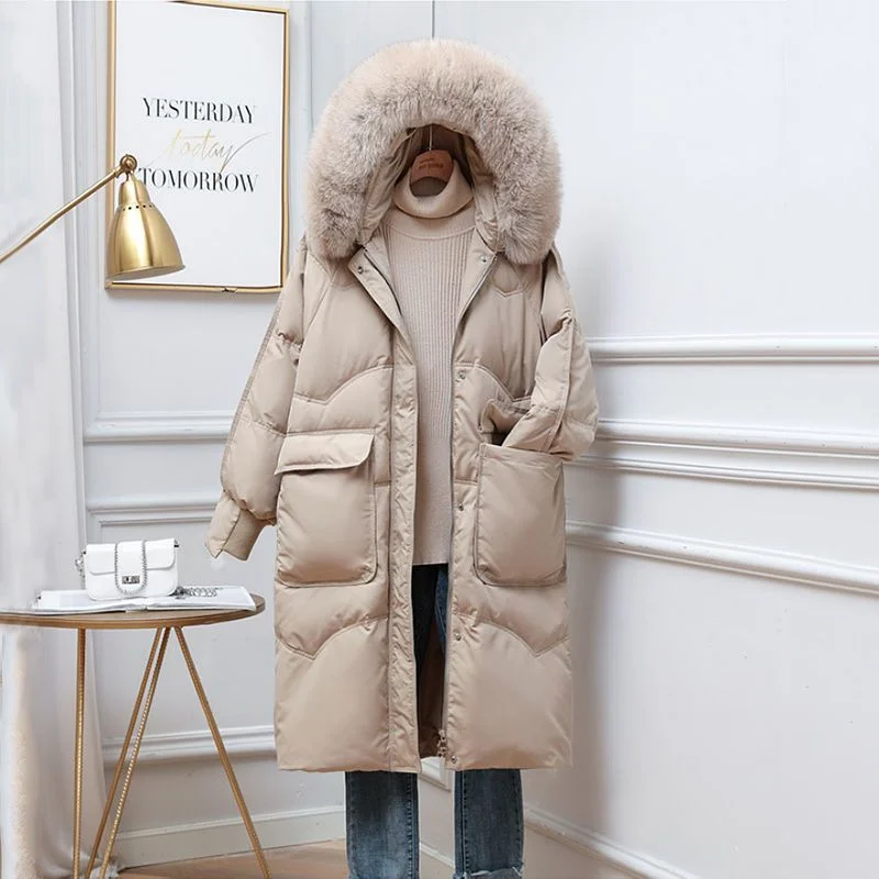 2023 Women White Duck Down Jacket  Latest Korean Female Students Thickened Thermal Knee Length Winter Coat