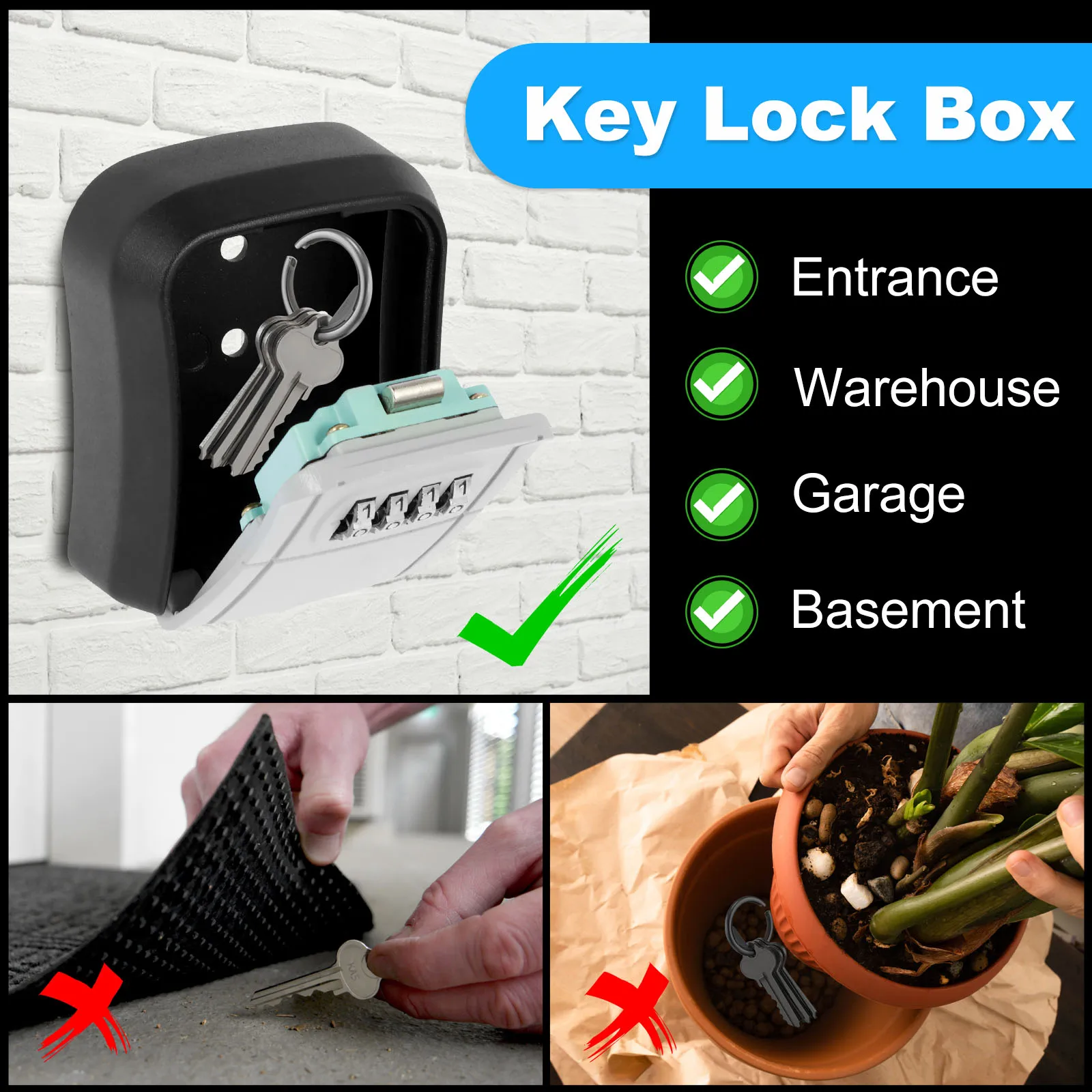 Metal Key Lock Box Wall-mounted Key Safe 4 Digit Password Code Aluminum Alloy Security Lock No Key Outdoor Security Storage Box