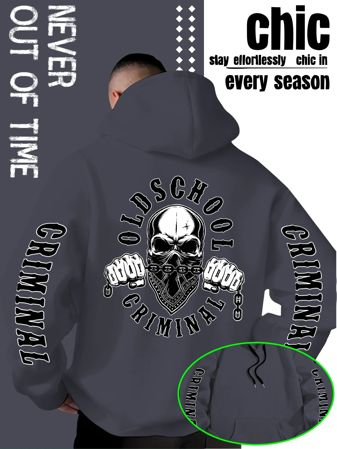 Trendiger Herren-Hoodie im Tech-Style für Herbst/Winter mit "Retro Criminal Skull Chain" Logo - Modische Casual Streetwear – Detail 4
