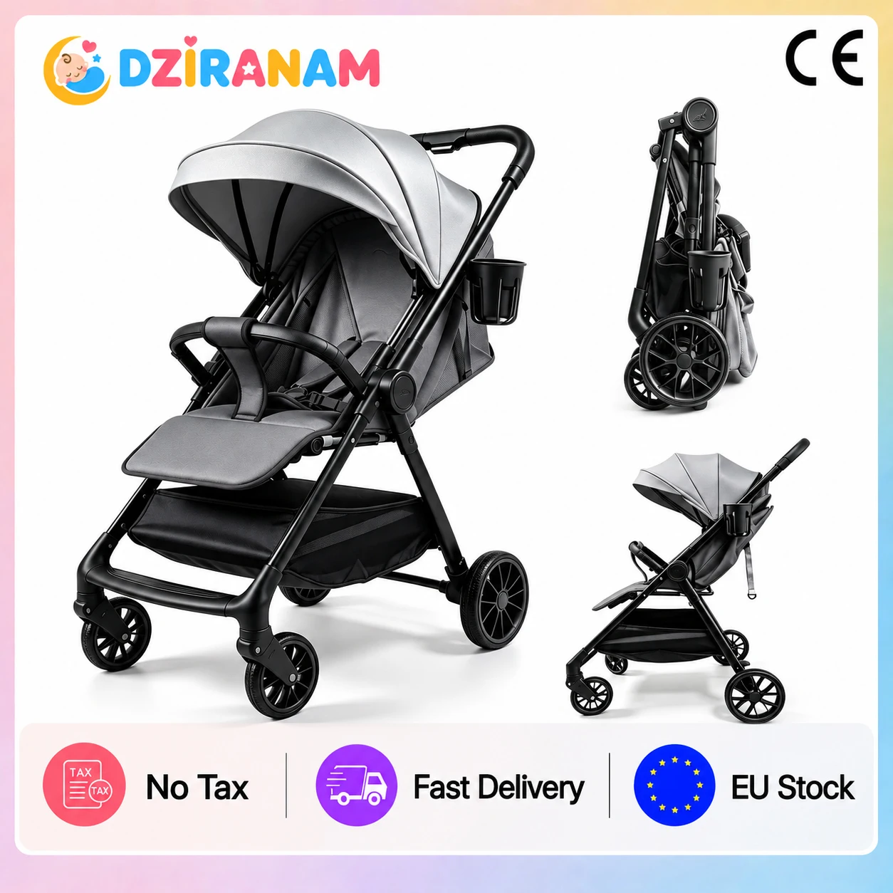 Passeggino Pieghevole 2 in 1 con Telaio in Acciaio al Carbonio, Leggero, con Poggiapiedi Regolabile, Capottina Traspirante, Freni Posteriori e Chiusur