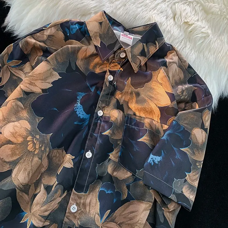 2024 Korean style Hawaiian shirt Baroque short-sleeved men\'s summer thin national fashion ice silk floral shirt vintage jacket