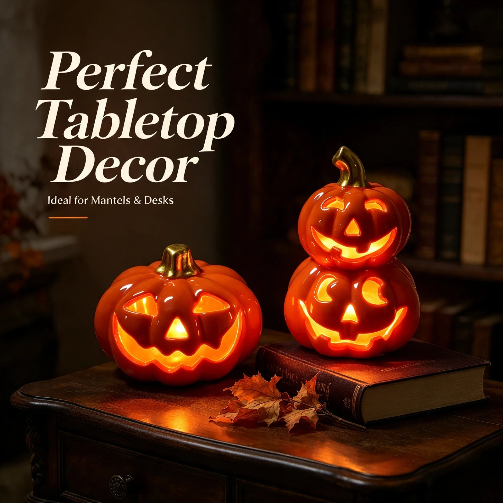 Ceramic Halloween Pumpkin LED Night, Light Illuminated Jack O Lantern, Glow In The Dark Home, Party Decoration Prop Ornament Gif