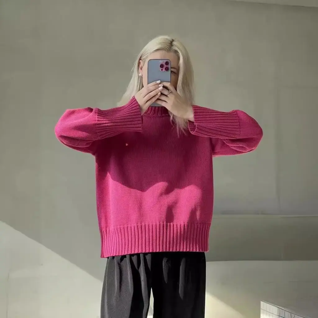 

Женский повседневный пуловер с длинными рукавами и круглым вырезом, однотонный модный свободный свитер в европейском и американском стиле